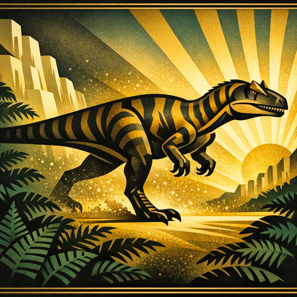 Allosaurus — Art Deco: Streamlined travel-poster geometry, metallic