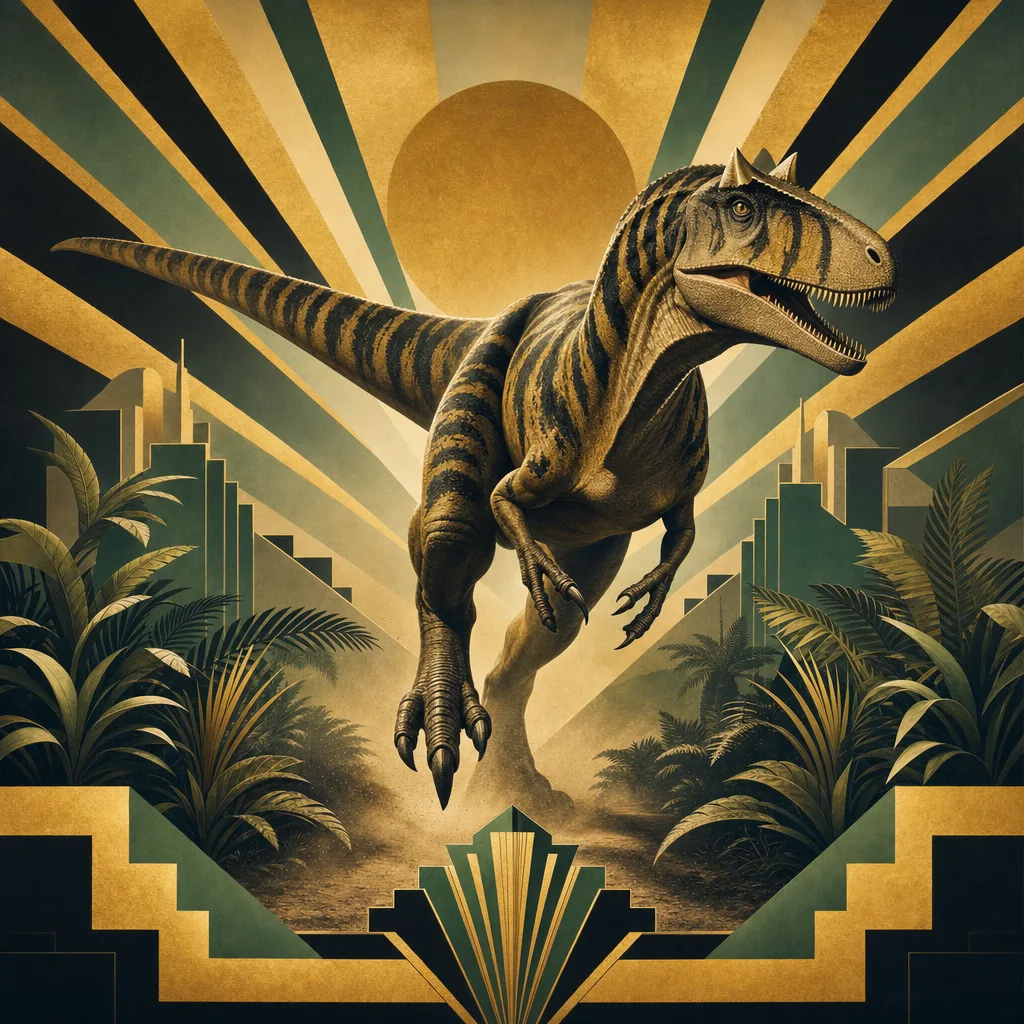 Allosaurus — Art Deco: Streamlined travel-poster geometry, metallic · alternate