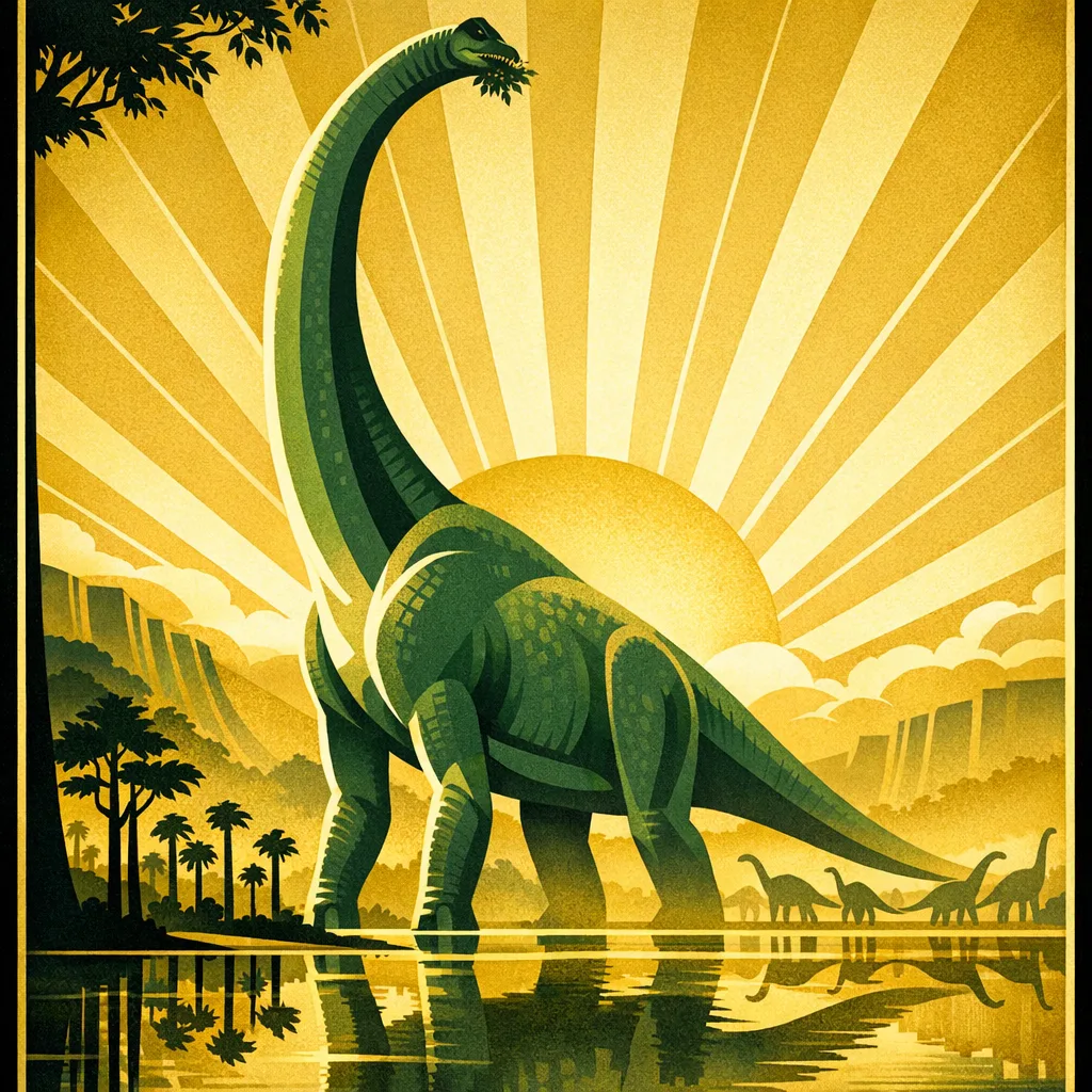 Brachiosaurus — Art Deco: Streamlined travel-poster geometry, metallic