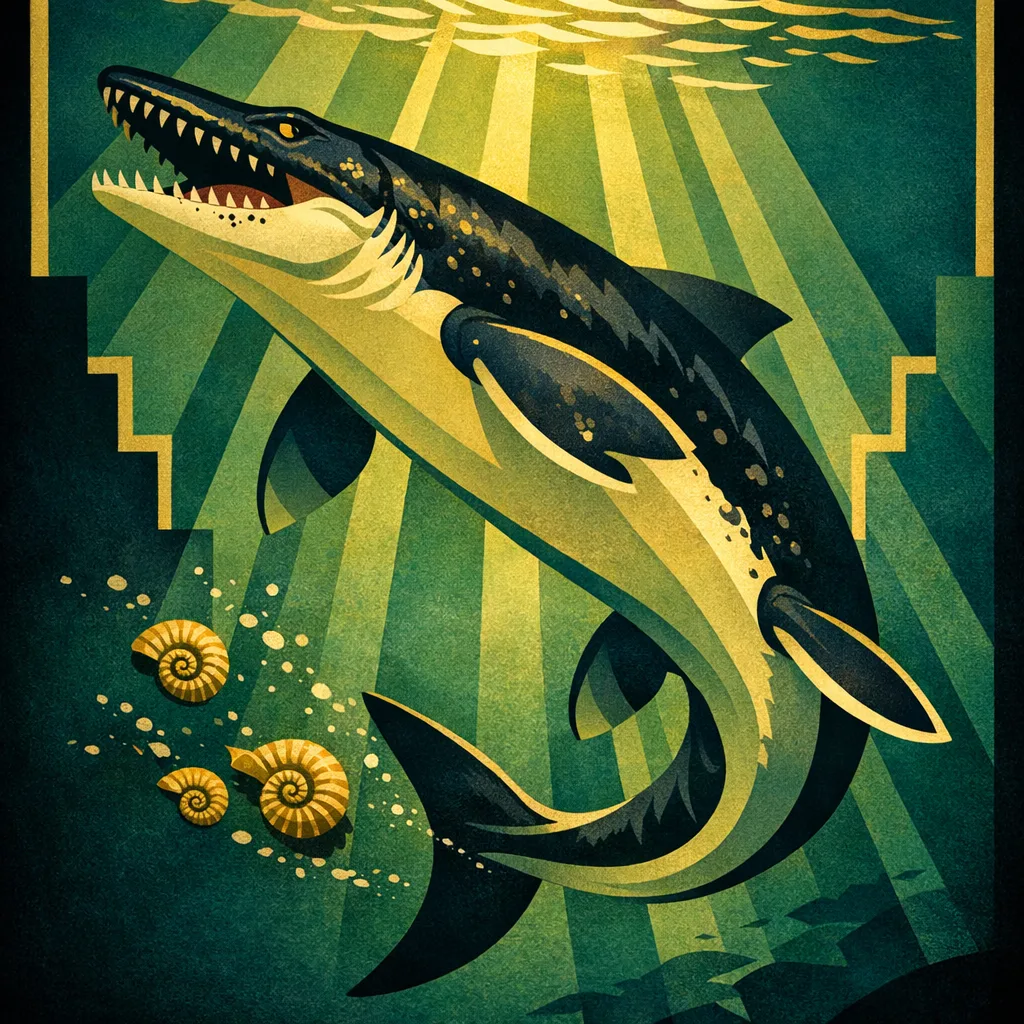 Mosasaurus — Art Deco: Streamlined travel-poster geometry, metallic