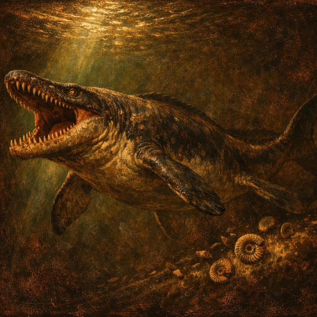 Mosasaurus — Dutch Master: Rembrandt chiaroscuro, firelight and deep shadow