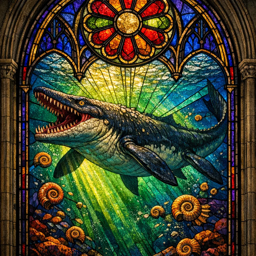 Mosasaurus — Stained Glass: Jewel-toned leaded cathedral window