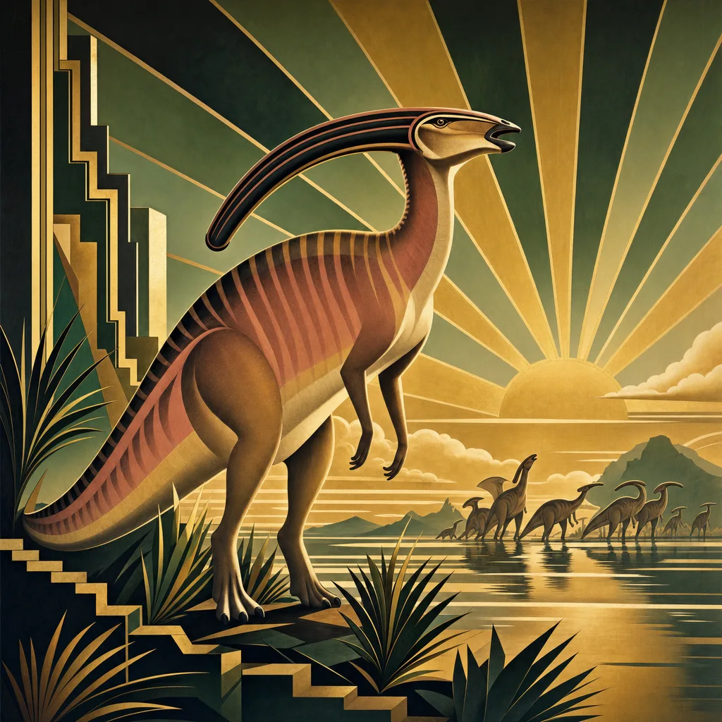 Parasaurolophus — Art Deco: Streamlined travel-poster geometry, metallic · alternate
