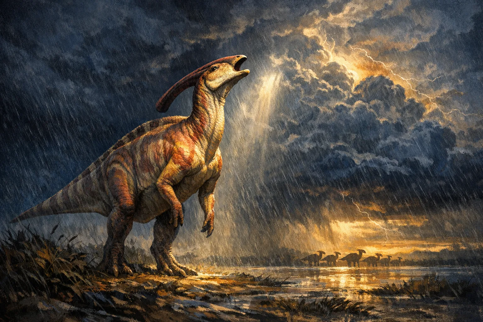Parasaurolophus — Storm Light: Dramatic storm-lit cinematic paleoart
