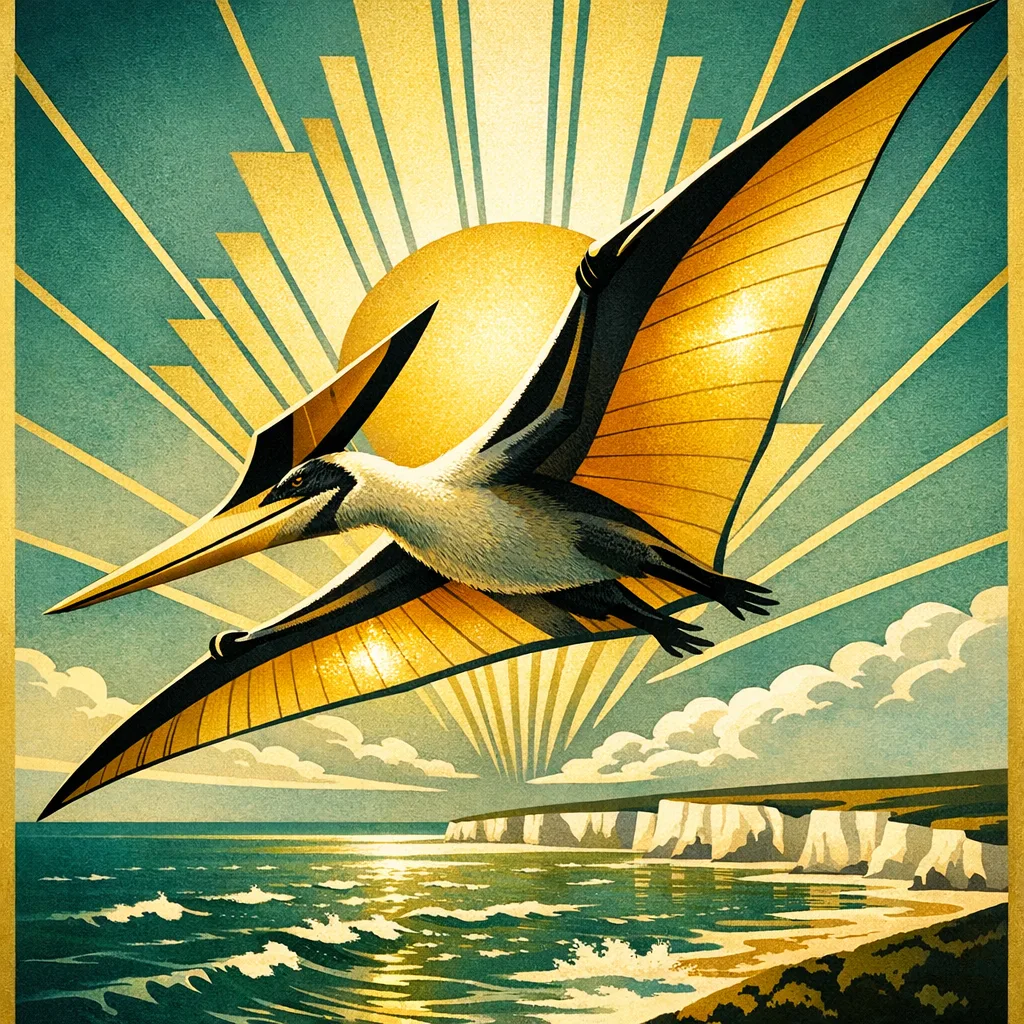 Pteranodon — Art Deco: Streamlined travel-poster geometry, metallic