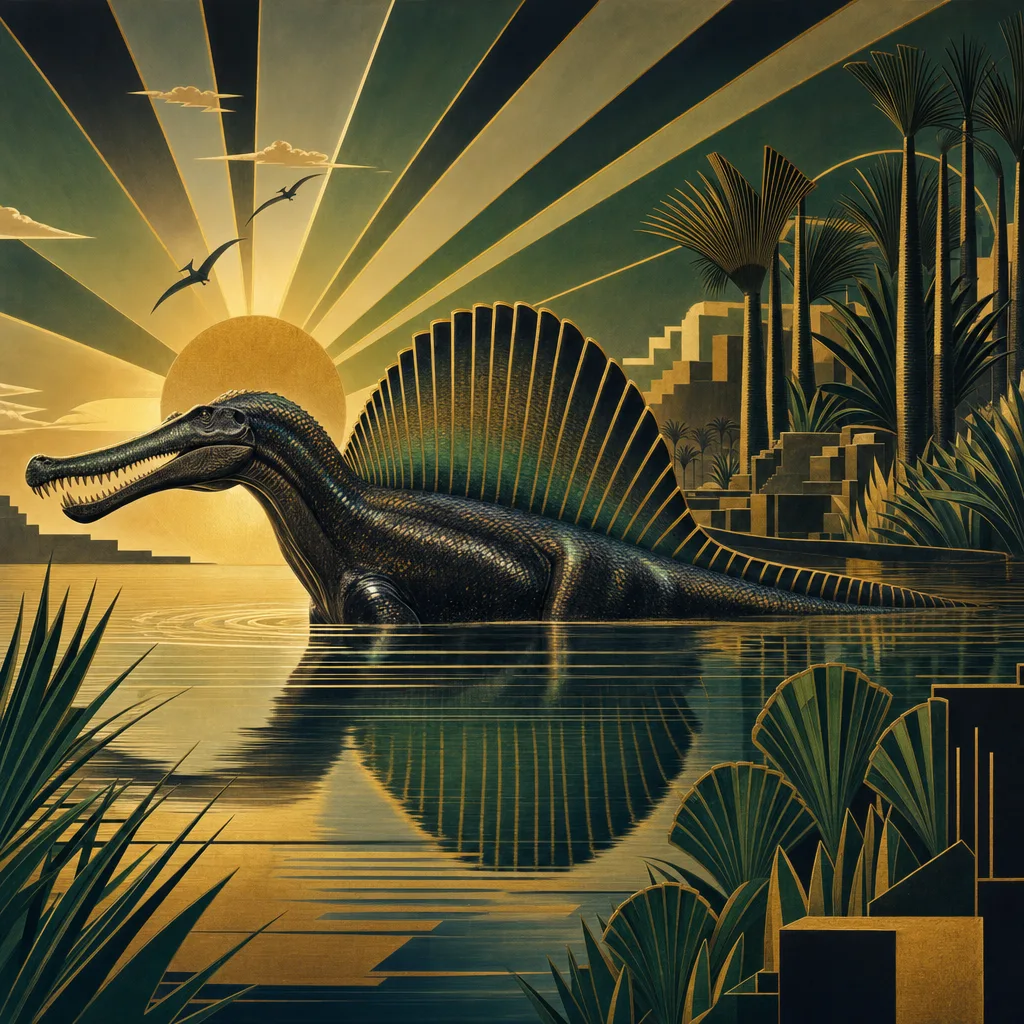 Spinosaurus — Art Deco: Streamlined travel-poster geometry, metallic · alternate