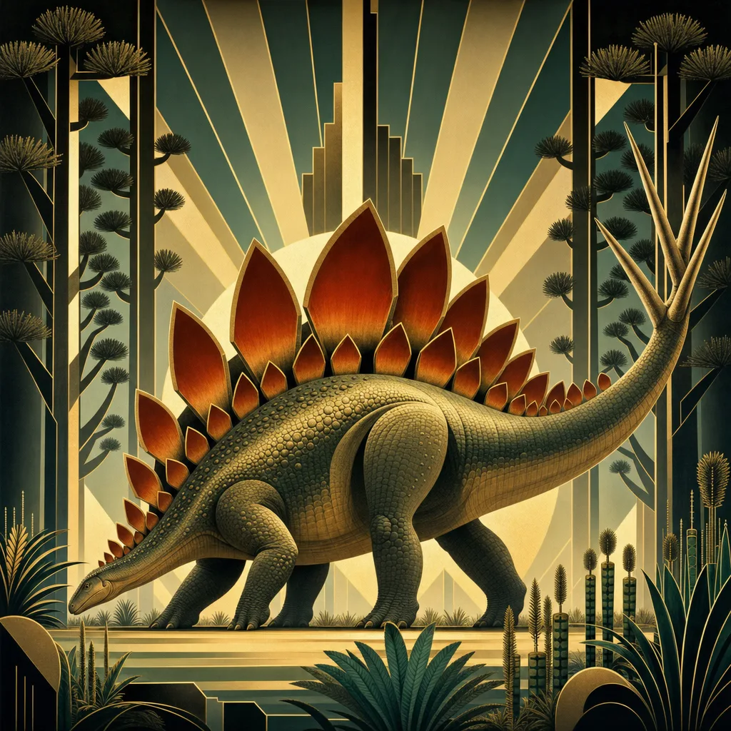 Stegosaurus — Art Deco: Streamlined travel-poster geometry, metallic · alternate