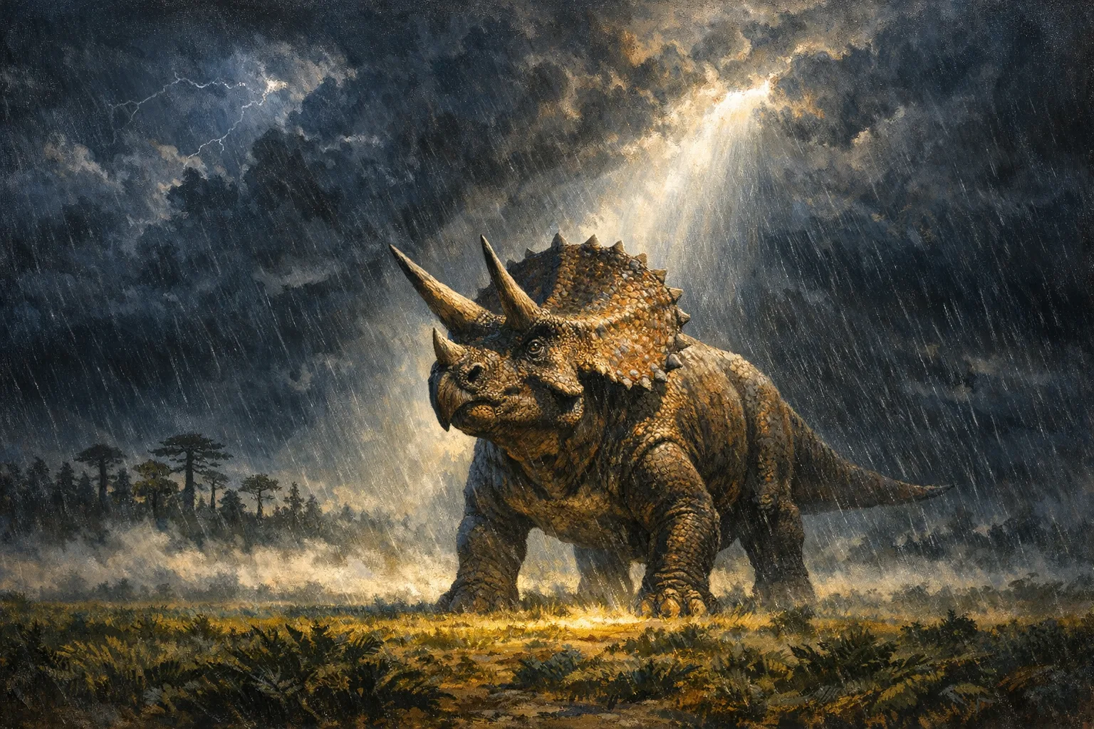 Triceratops — Storm Light: Dramatic storm-lit cinematic paleoart