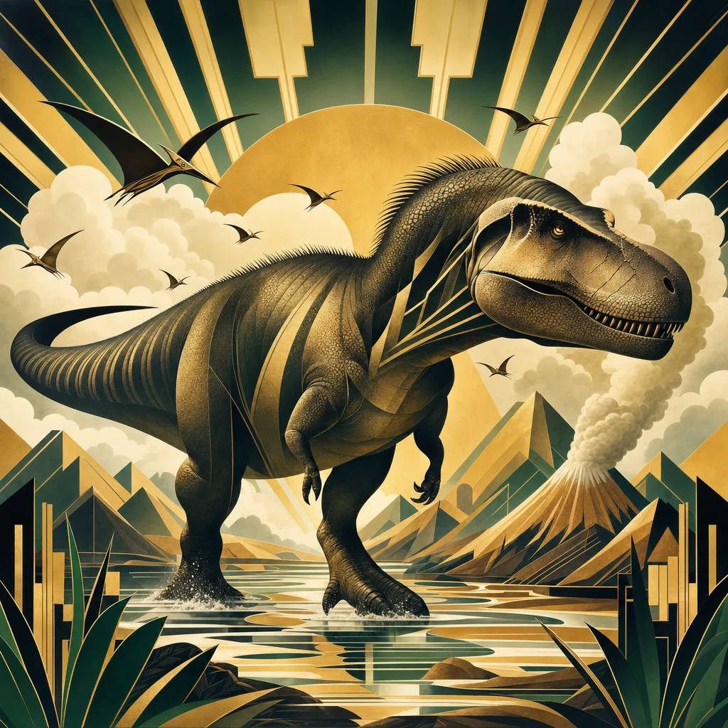T. rex — Art Deco: Streamlined travel-poster geometry, metallic · alternate