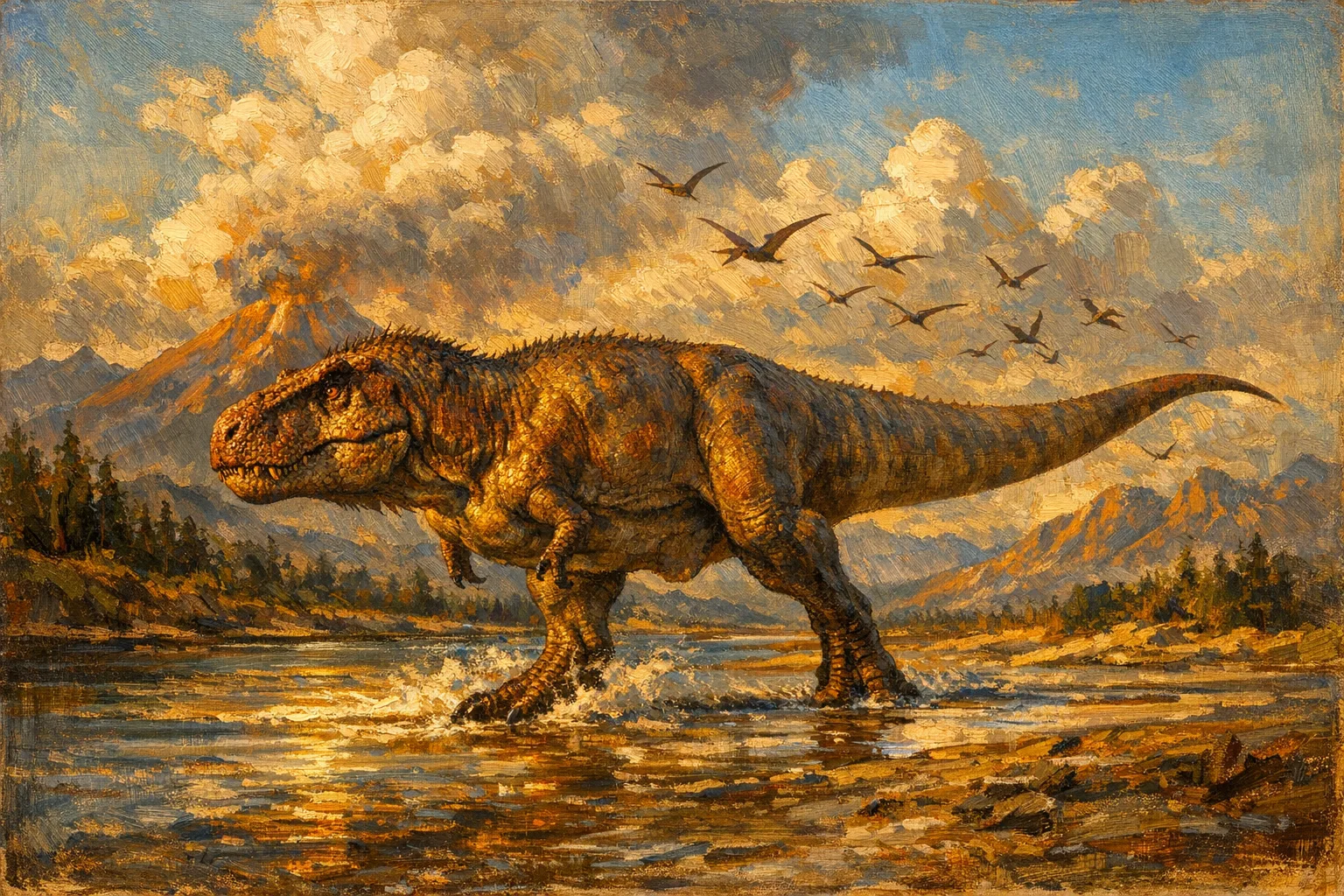 Tyrannosaurus rex crossing a Cretaceous river valley at golden hour, painted as a museum mural