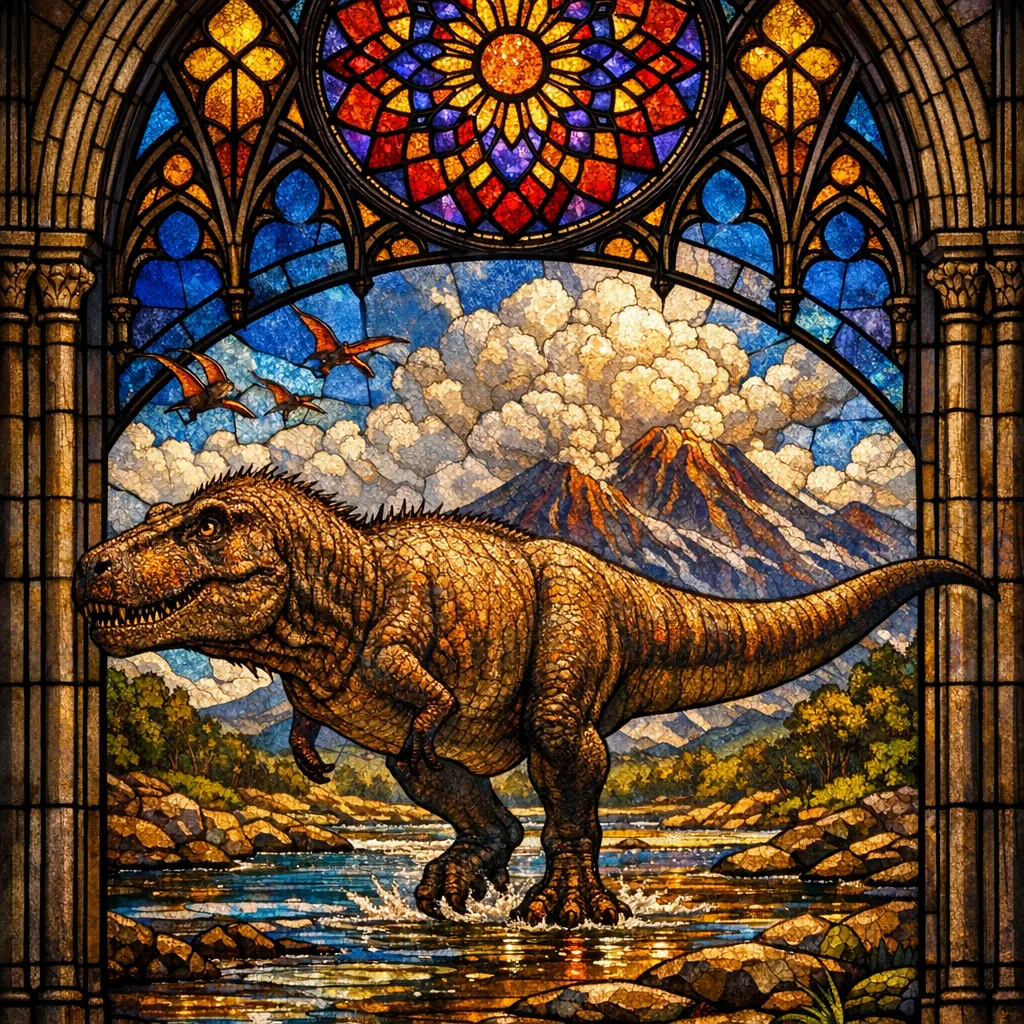 T. rex — Stained Glass: Jewel-toned leaded cathedral window