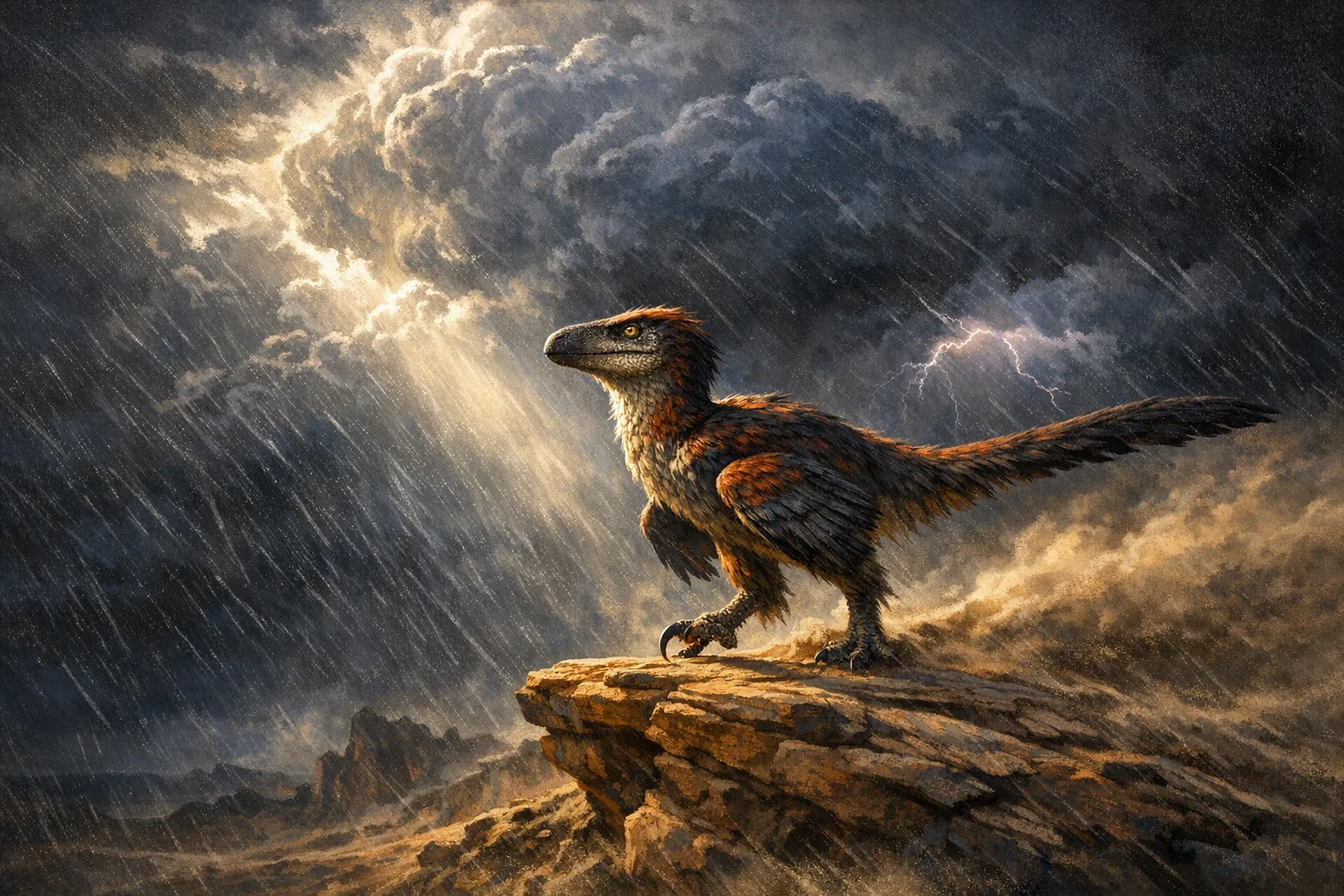 Velociraptor — Storm Light: Dramatic storm-lit cinematic paleoart